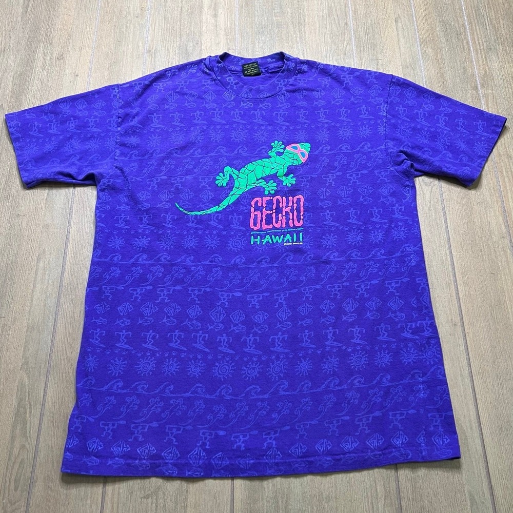 Gecko Hawaii T-Shirt Men XL Purple Vintage 90s Retro All Over Print Graphic Tee
